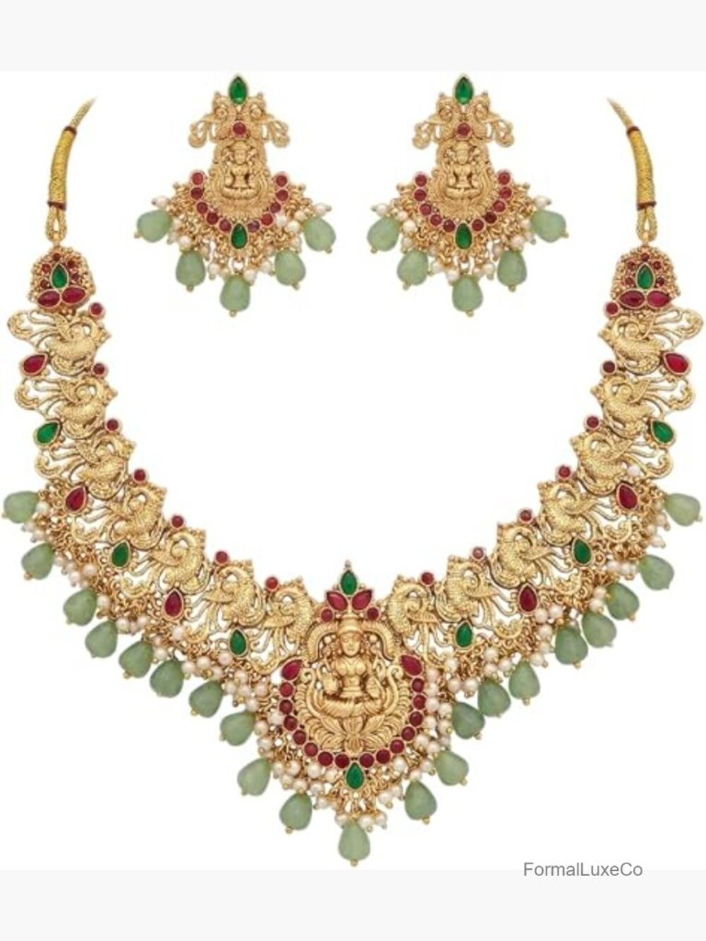 Gold Plated Temple Jewelry Set Goddess Lakshmi Necklace & Earrings, Green &